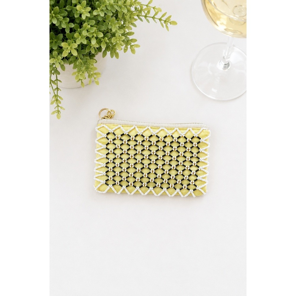 Vintage Beaded Satin Coin Purse Wallet Card Holder Boho Hippie Zip Pouch Compact